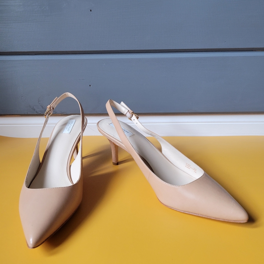 Cole Haan Cream Heels with Pointed Toe and Ankle Strap